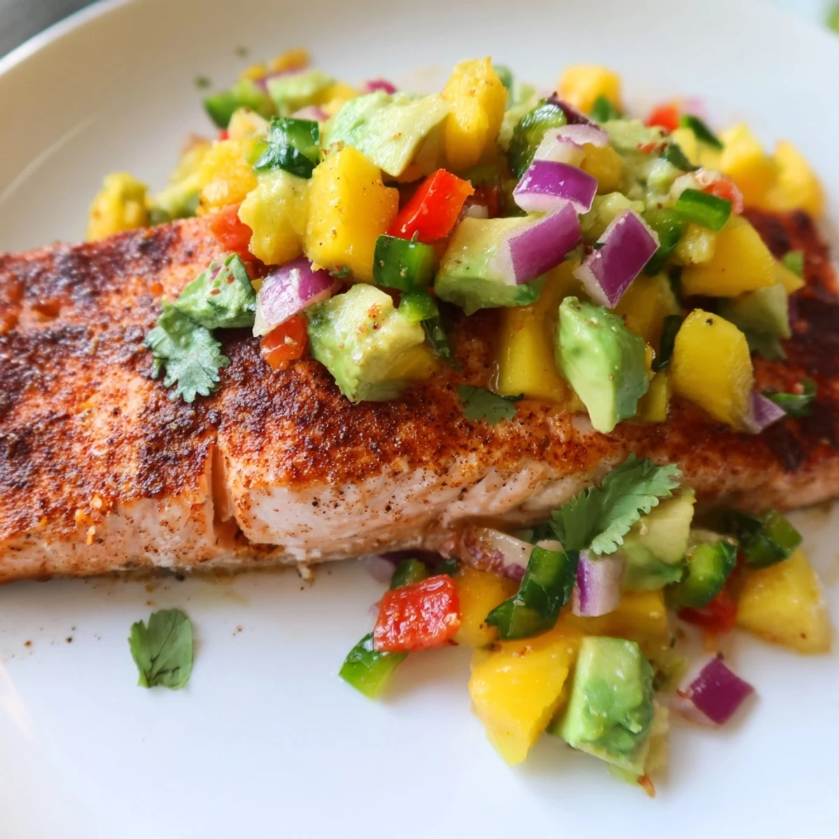 Golden-brown Baked Salmon with Mango Avocado Salsa topped with fresh diced mango and avocado.