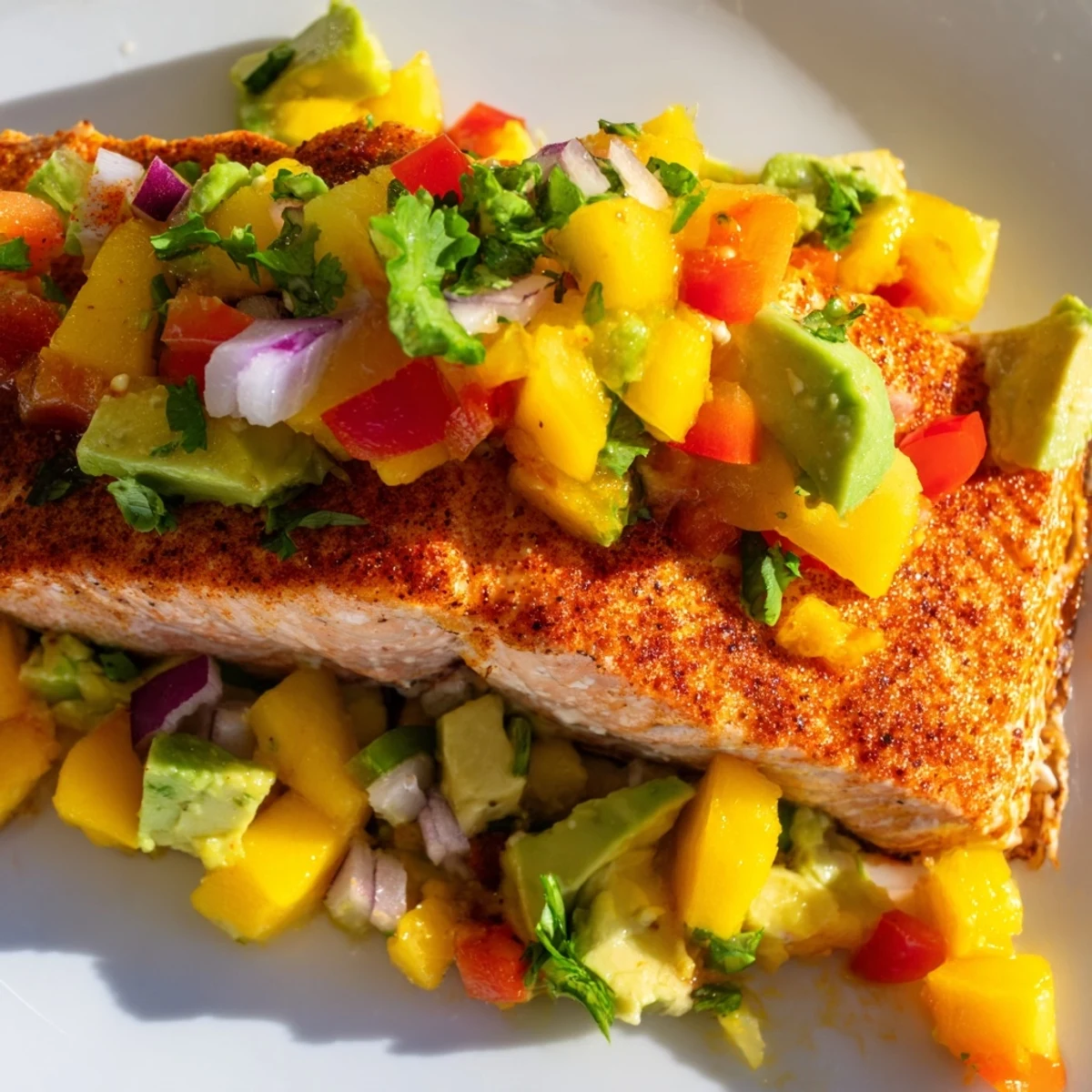 Freshly prepared Baked Salmon with Mango Avocado Salsa served over greens with lemon slices.