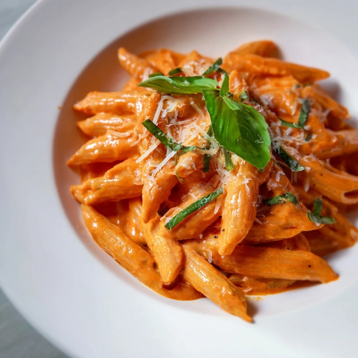 Creamy Tomato Basil Pasta served over al dente penne, with velvety red sauce and fresh basil garnish for dinner.