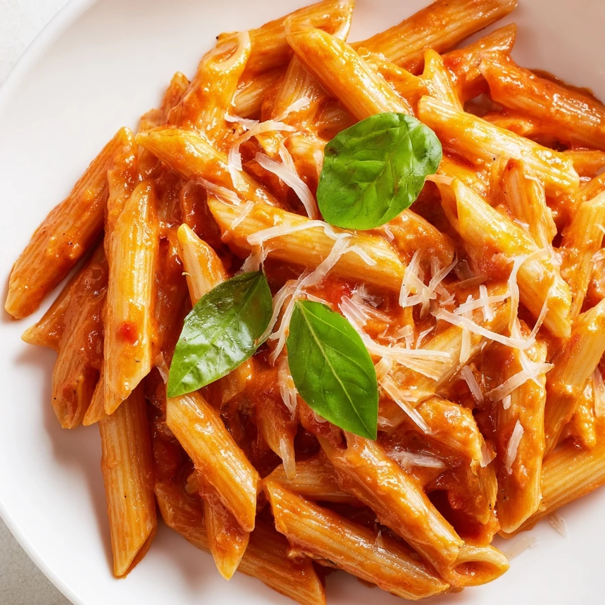 Steaming bowl of Creamy Tomato Basil Pasta, creamy sauce clinging to noodles, with extra Parmesan and basil on top.