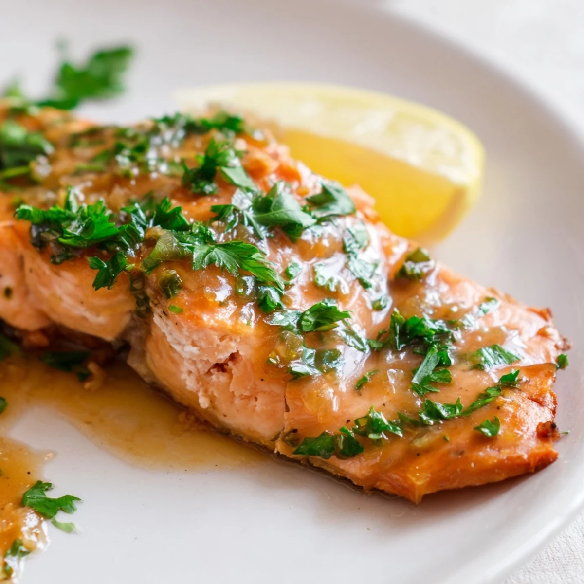 Oven-baked salmon fillets glistening with a sweet and savory maple glaze, garnished with fresh parsley.