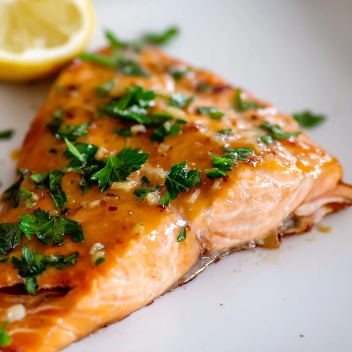 Flaky baked salmon with a rich maple glaze, paired with lemon wedges on a rustic plate.