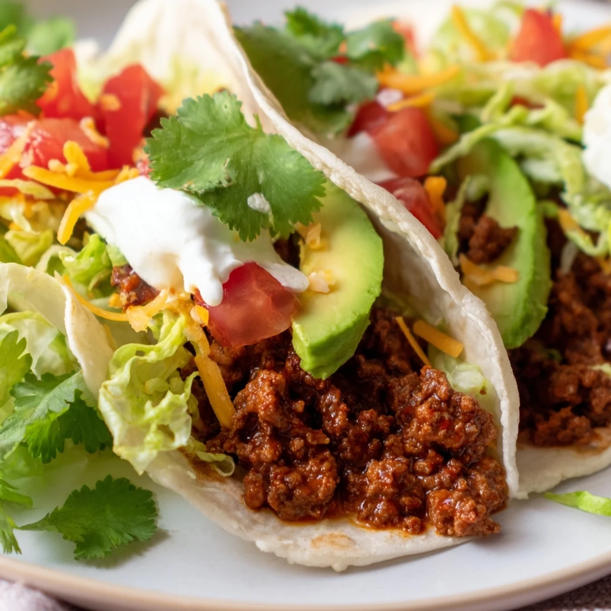 Four freshly assembled soft flour tortillas filled with spiced beef, diced tomatoes, and creamy avocado slices for a family-style Beef Tacos meal.