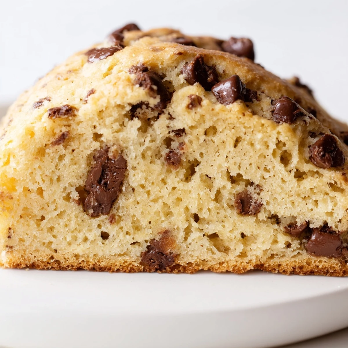 Golden-brown Chocolate Chip Scones on a rustic wooden board, brushed with cream and studded with melted chocolate.