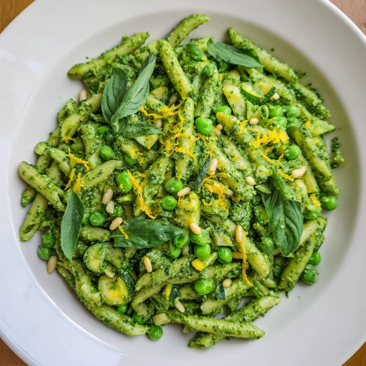 Steaming St. Patrick's Day Pesto Pasta glows vibrant green in a festive white bowl, garnished with fresh basil and lemon zest.