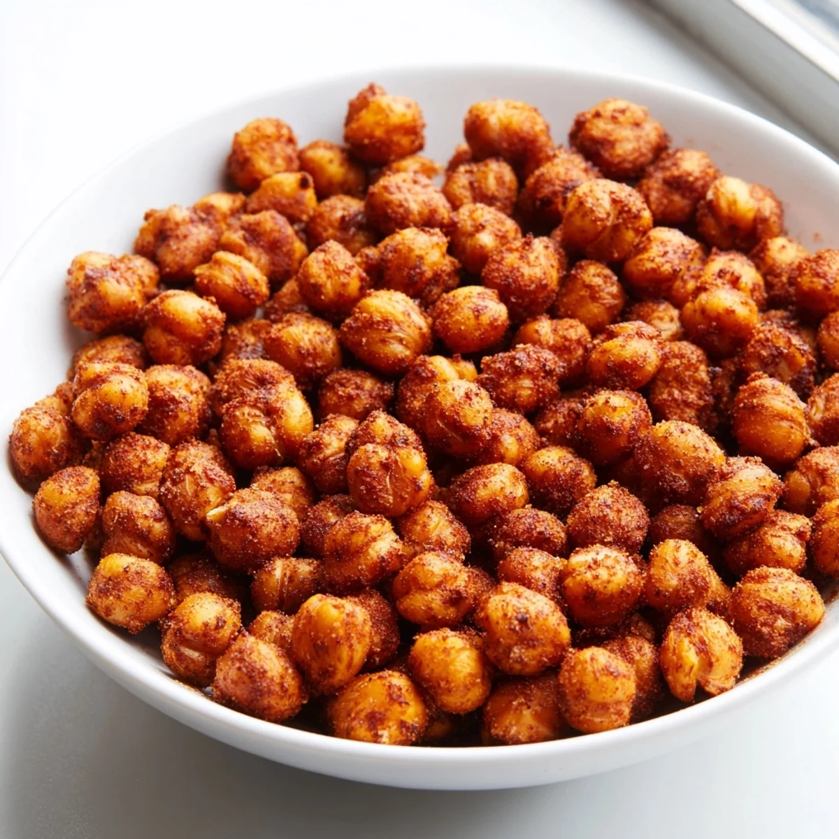 Golden Cajun Spiced Roasted Chickpeas spill from a roasting pan, showcasing their crispy, spiced exterior and vibrant orange hue.