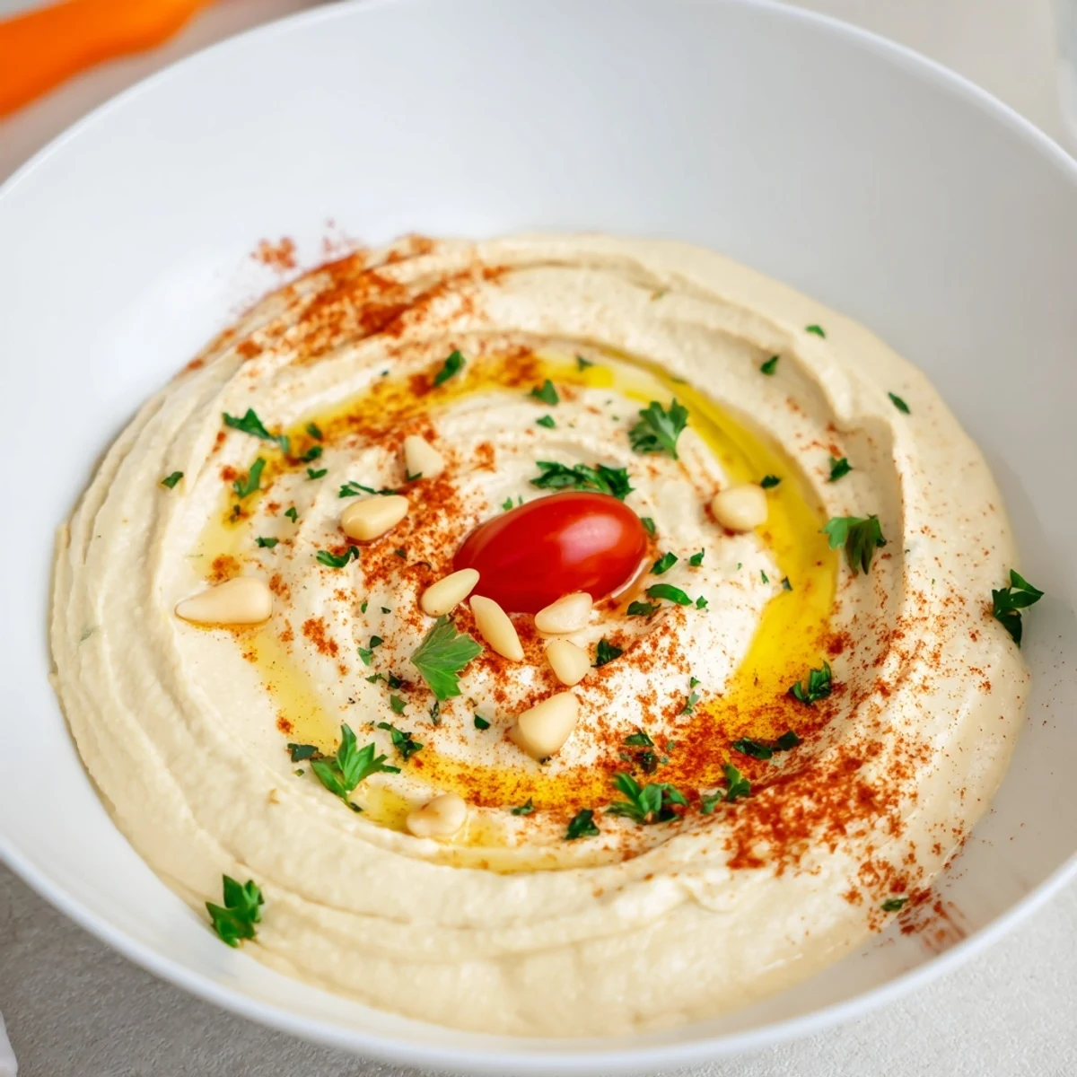 Creamy Halftime Hummus Platter with Veggies swirled with olive oil, garnished with paprika, pine nuts, and fresh parsley.