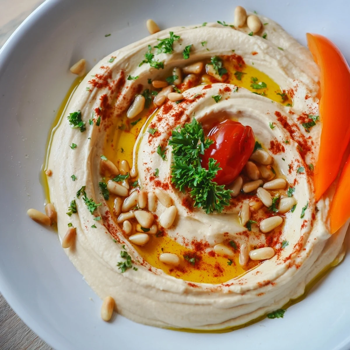 Colorful Halftime Hummus Platter with Veggies featuring crisp cherry tomatoes, cucumbers, carrots, peppers, and snap peas for dipping.