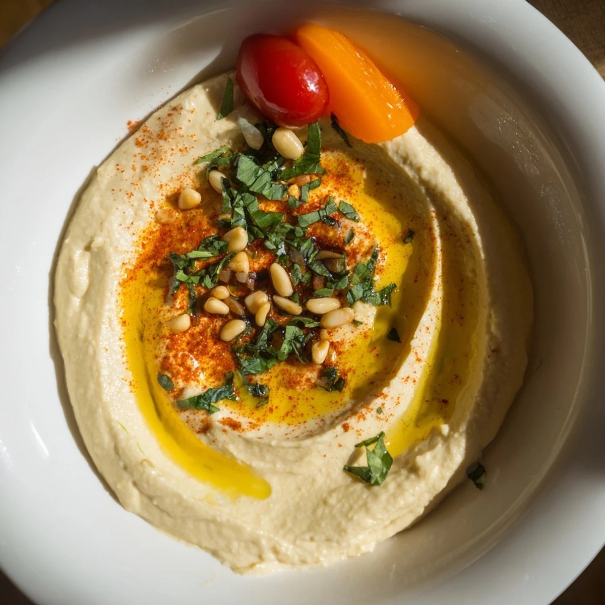 Bright Halftime Hummus Platter with Veggies served on a rustic board, ready for game day snacking with fresh veggies.