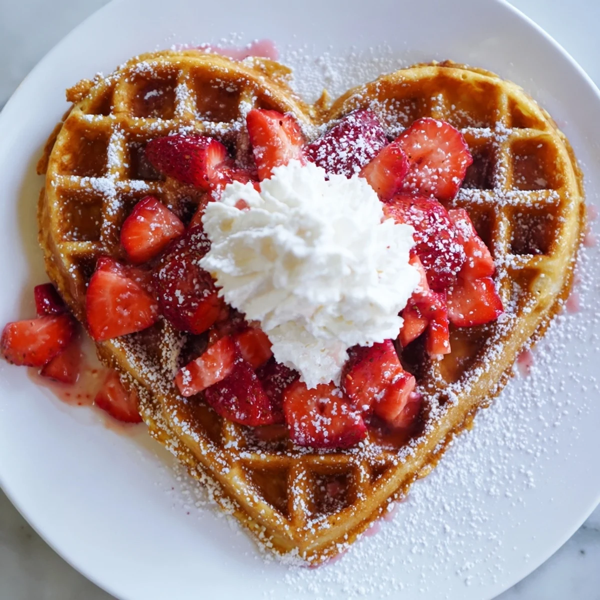 Golden-brown heart-shaped waffles topped with sliced fresh strawberries and a dollop of whipped cream on a white plate.