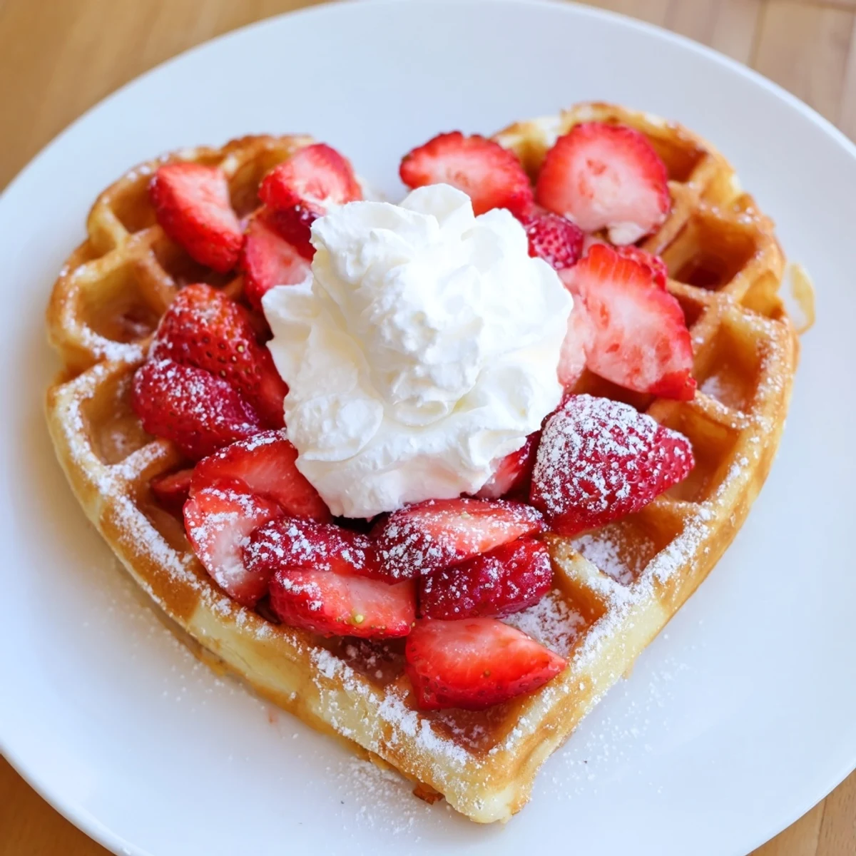 Freshly cooked heart-shaped waffles with juicy strawberries and sweet cream, ready for a romantic breakfast or brunch.