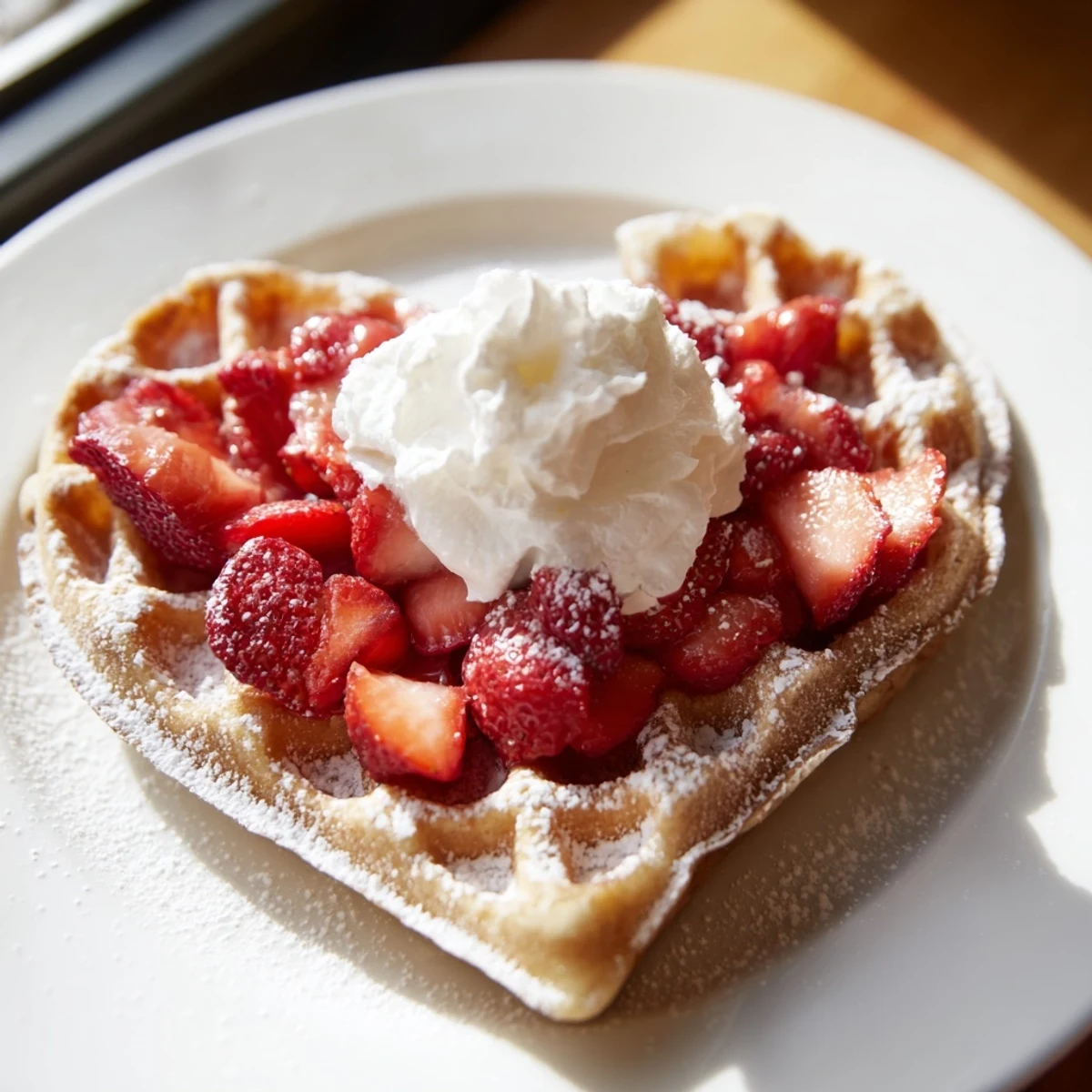 Light, crisp waffles shaped like hearts, served with macerated strawberries and powdered sugar for a sweet treat.