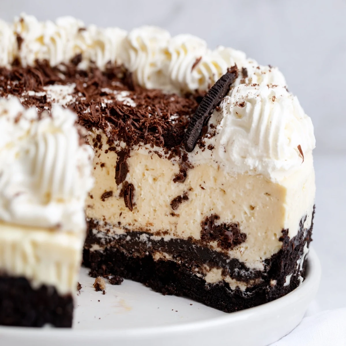 A rich Bailey Style Irish Cream Cheesecake garnished with grated chocolate, served on a dessert plate for a family gathering.  