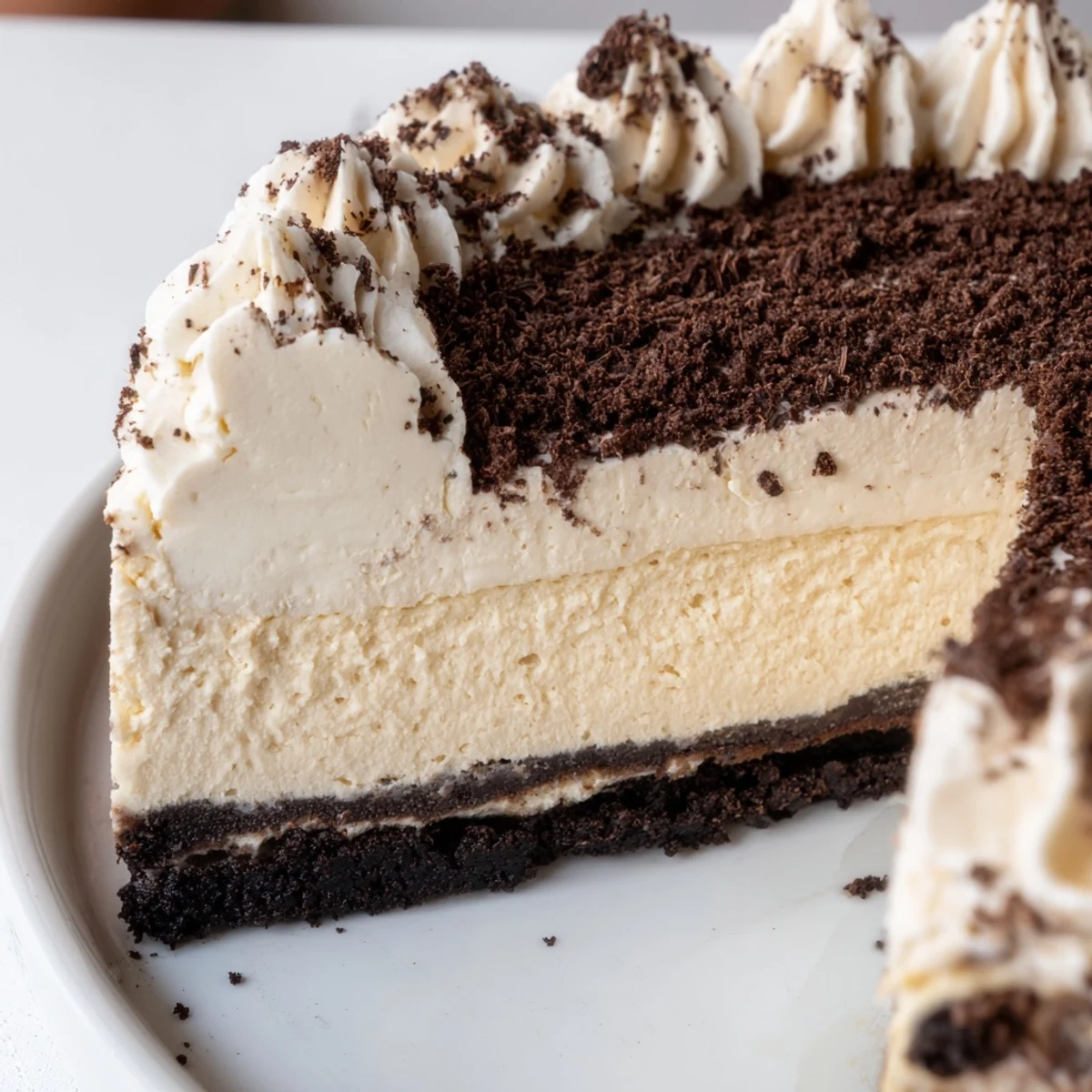 This alcohol-free Bailey Style Irish Cream Cheesecake features a smooth filling, baked in a springform pan and chilled for perfect slices.