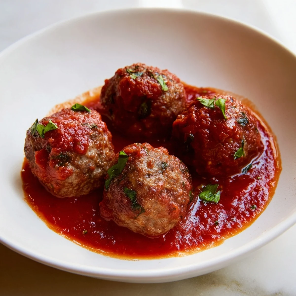 Colorful turkey meatballs in vibrant marinara sauce garnished with fresh basil, served over spaghetti with Parmesan.