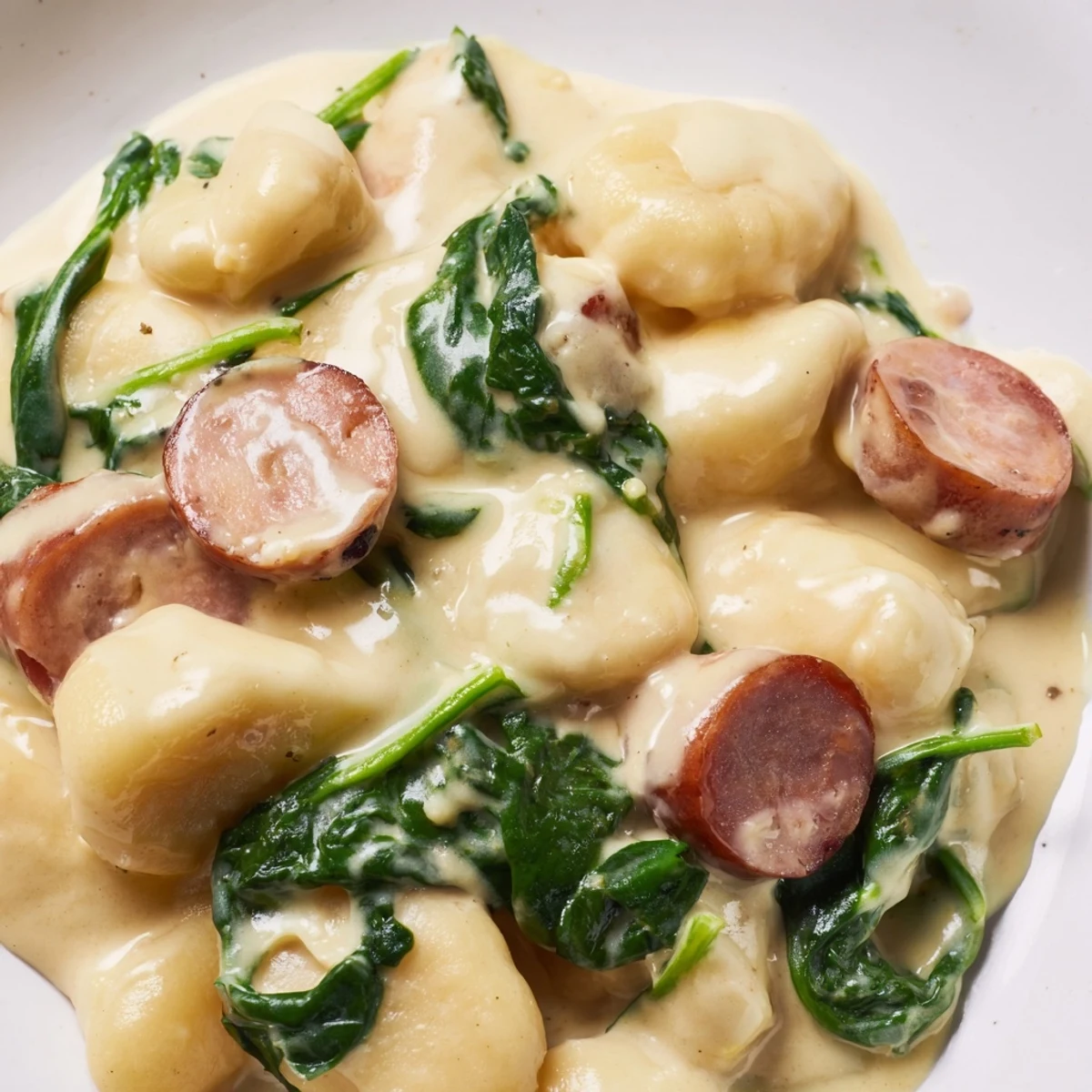 Creamy gnocchi with spinach and halal sausage tossed in a luscious Parmesan sauce on a white plate.
