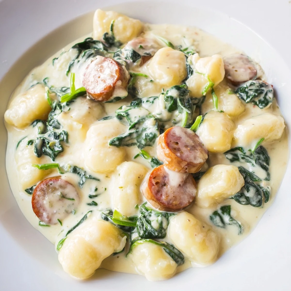 Steaming creamy gnocchi with spinach and halal sausage served in a rustic bowl, perfect for weeknight dinners.
