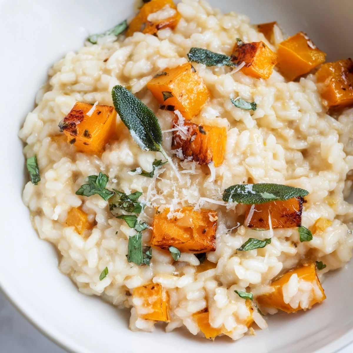 Fork-tender roasted winter squash blends with fragrant sage in this rich Winter Squash Risotto with Parmesan, garnished with fresh herbs. 