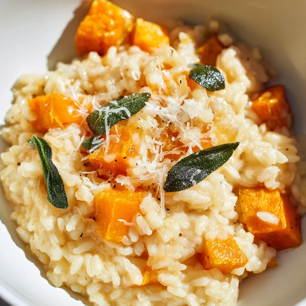 A comforting bowl of Winter Squash Risotto with Sage and Parmesan, featuring creamy Arborio rice and caramelized squash cubes. 