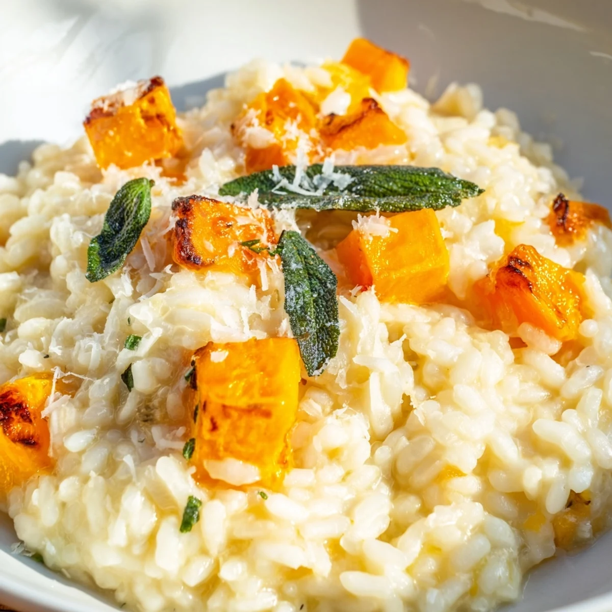 Golden roasted squash and grated Parmesan top a warm serving of Winter Squash Risotto with Sage, paired with white wine.