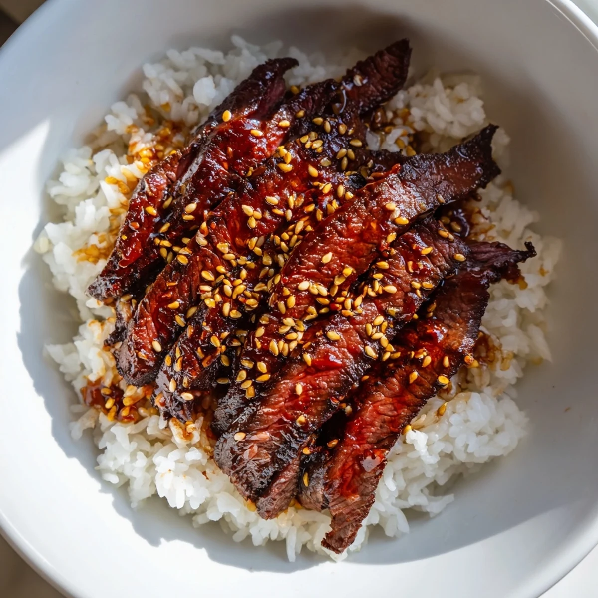 A close-up of a spicy Korean beef bowl with tender marinated beef, crisp julienned carrots, and fluffy steamed rice.