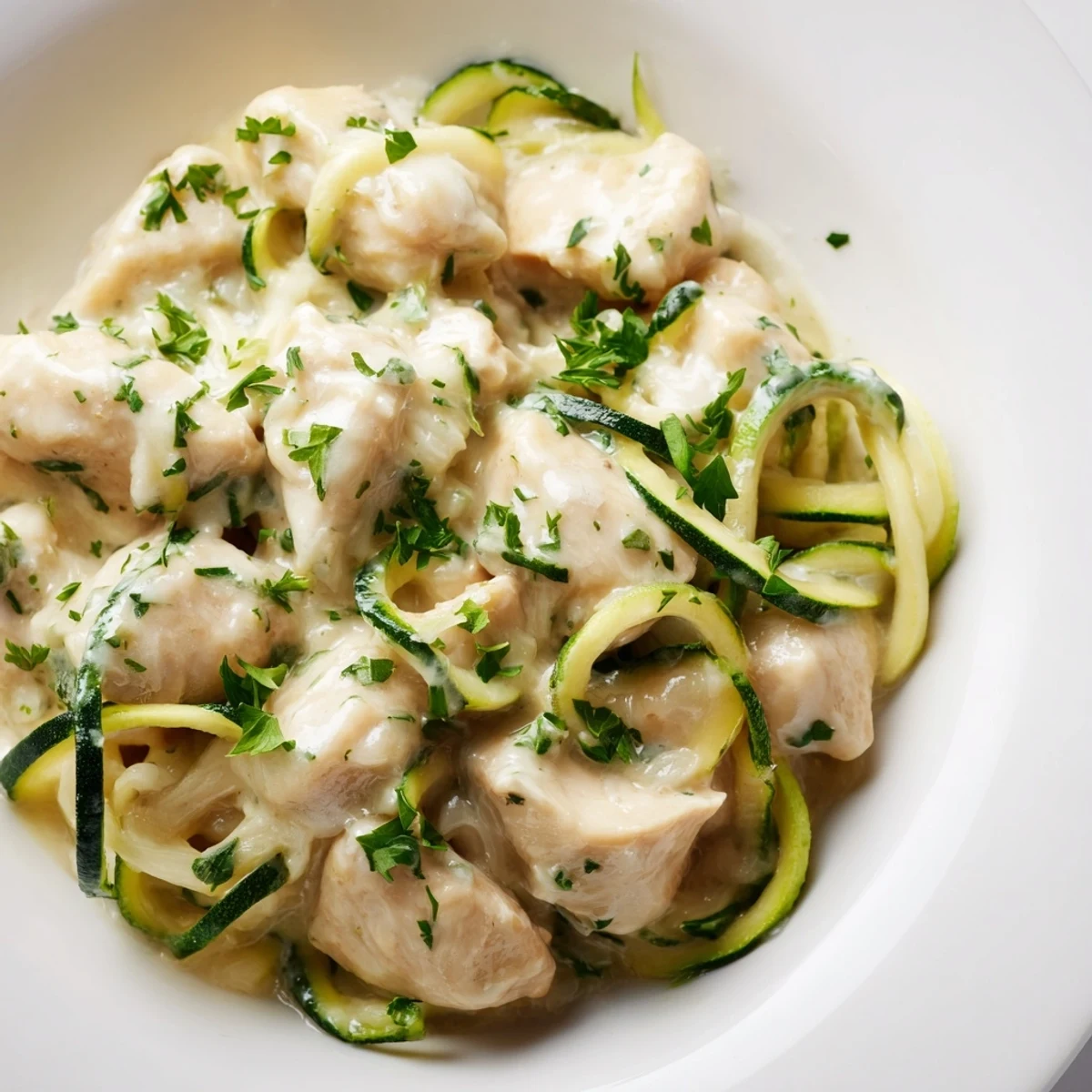 Golden-brown, seasoned chicken slices rest atop a creamy Parmesan sauce tangled with fresh, green zucchini noodles in a rustic bowl, garnished with chopped parsley.