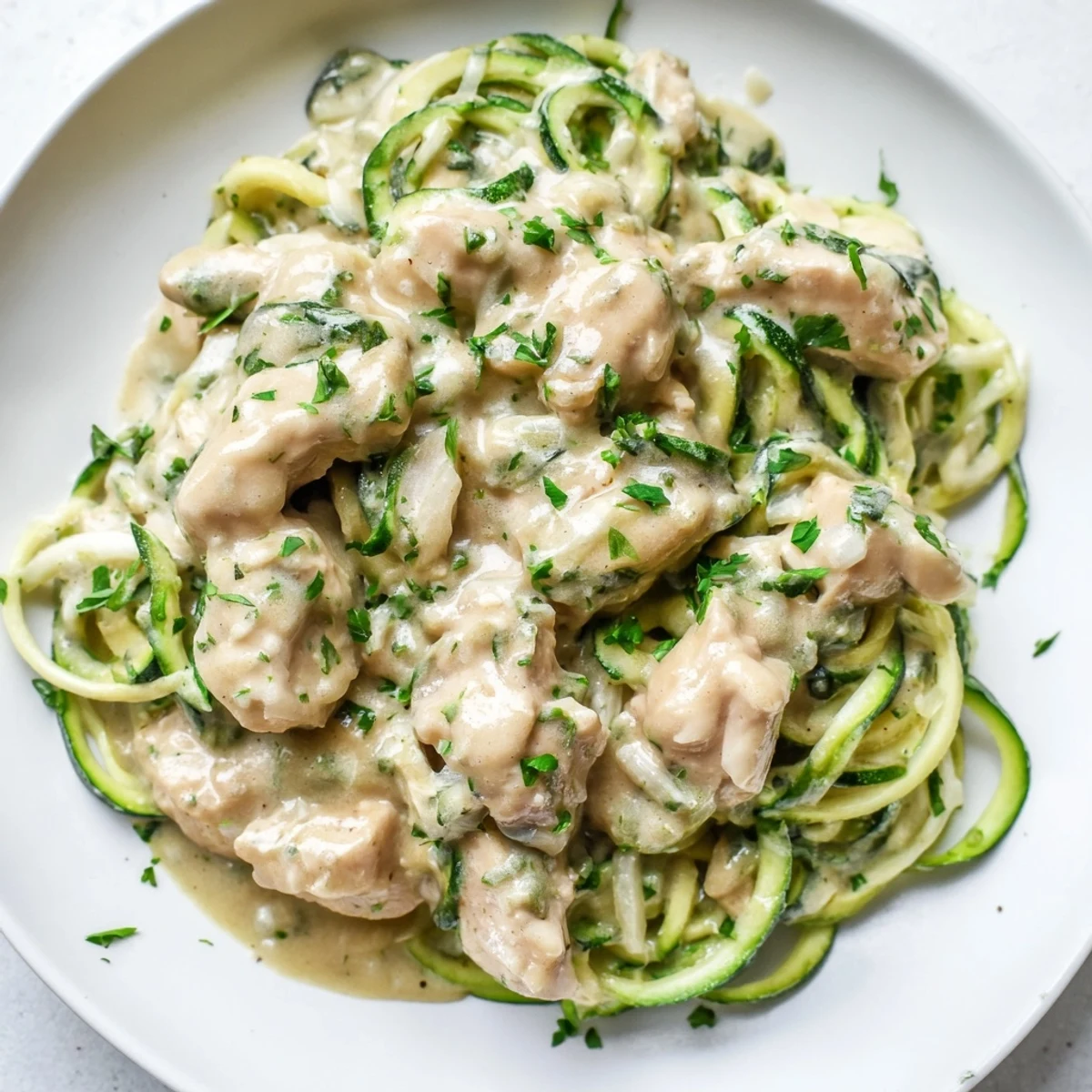 Twirled zucchini noodles coated in rich Alfredo sauce with tender chicken pieces, steaming slightly and topped with extra grated Parmesan against a warm wooden backdrop.