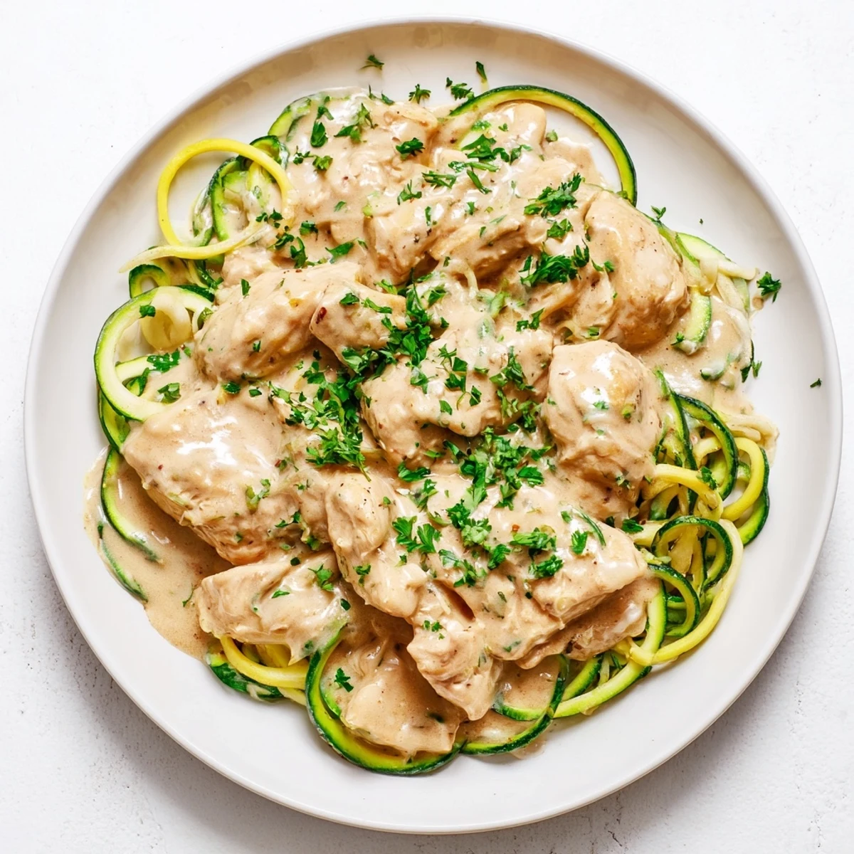 A close-up of Chicken Alfredo with Zucchini Noodles reveals a velvety, cheesy sauce clinging to spiralized zucchini and juicy chicken, with fresh parsley flakes adding color.