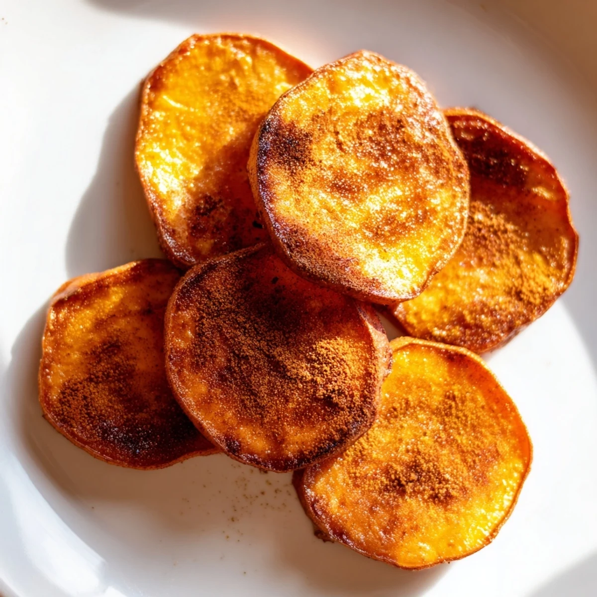Oven-baked Crispy Sweet Potatoes with Cinnamon glistening with golden, caramelized edges and a warm spice aroma.