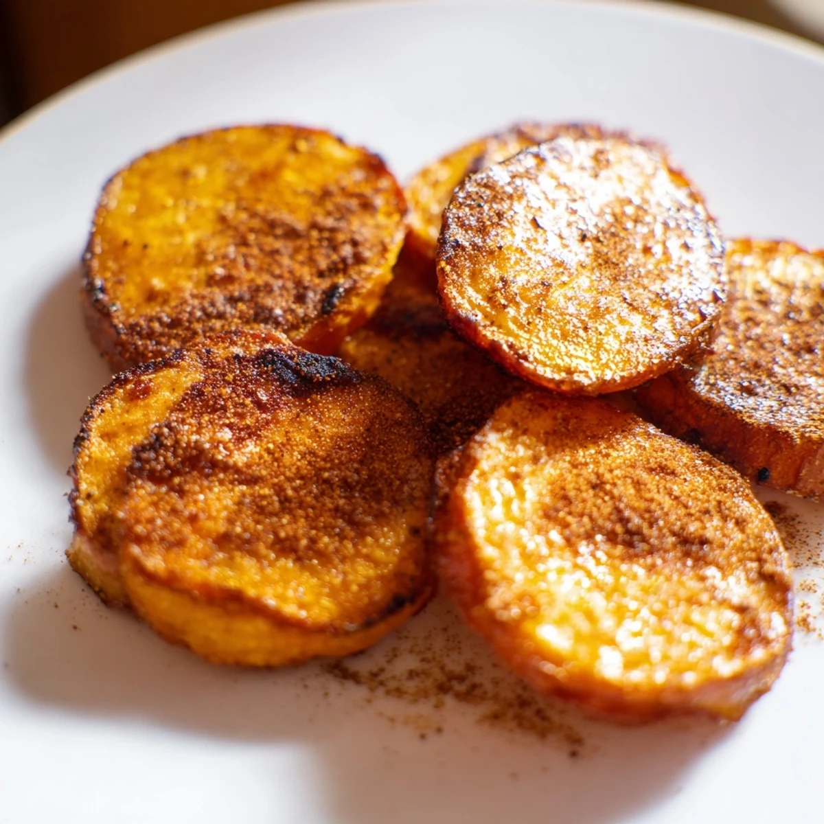 Golden, crispy Crispy Sweet Potatoes with Cinnamon finished with a maple drizzle on a rustic plate.
