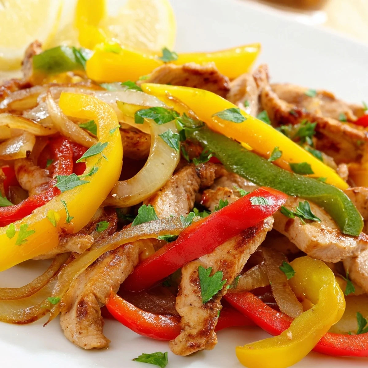 Tender turkey strips sizzling in a skillet with vibrant red, yellow, and green peppers and onions.