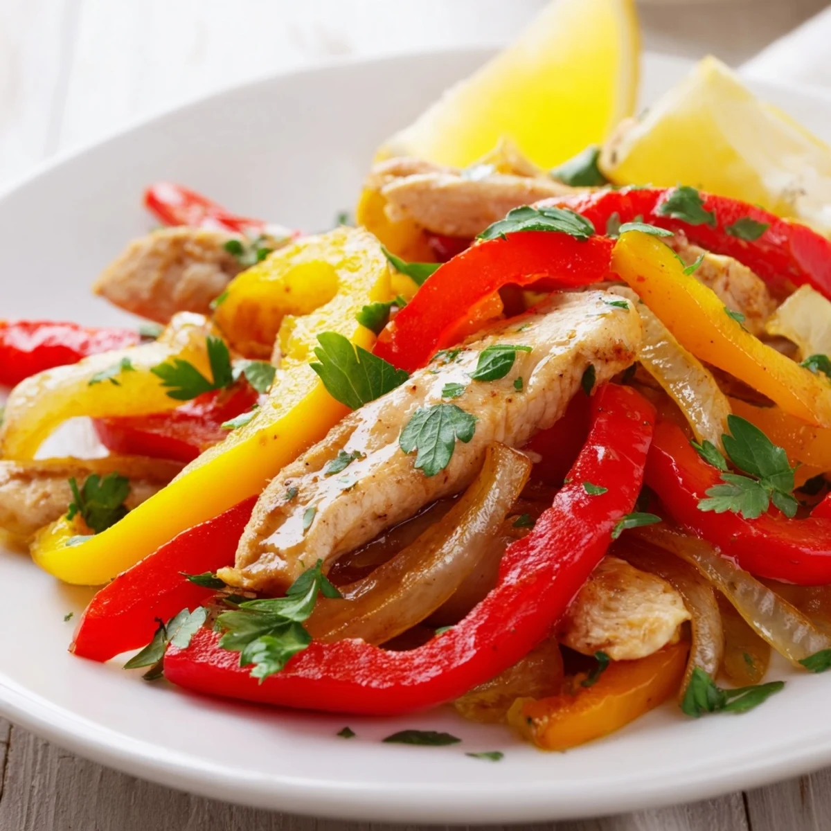 Fresh herbs and lemon juice brighten this easy Turkey Skillet with Peppers and Onions weeknight meal.