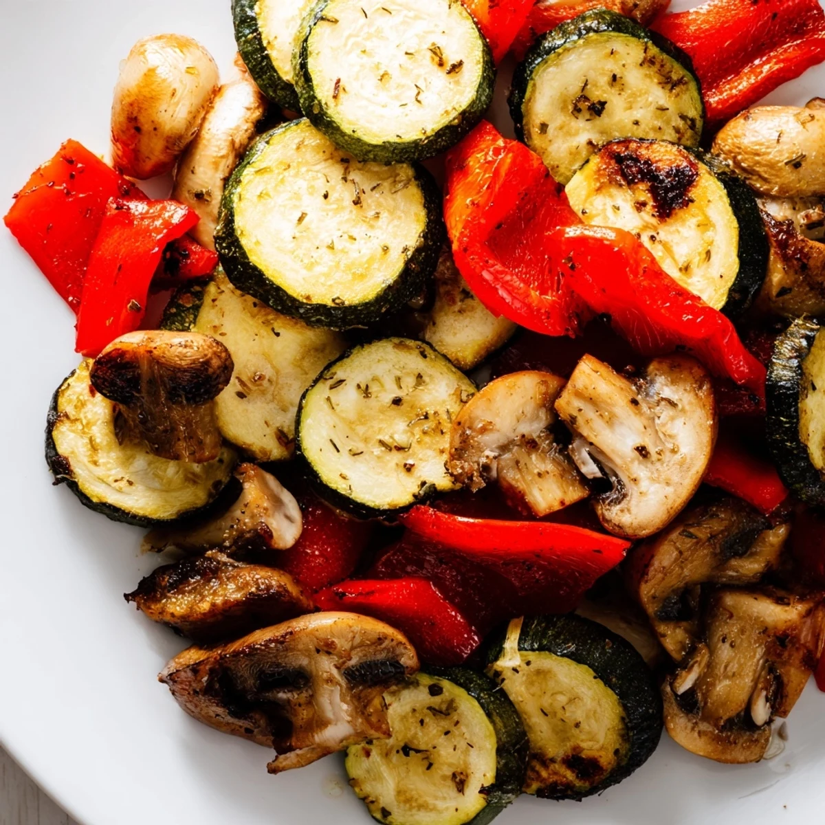 Roasted Veggies with Italian Seasoning spread on a baking sheet, edges caramelized, ready to serve hot.  