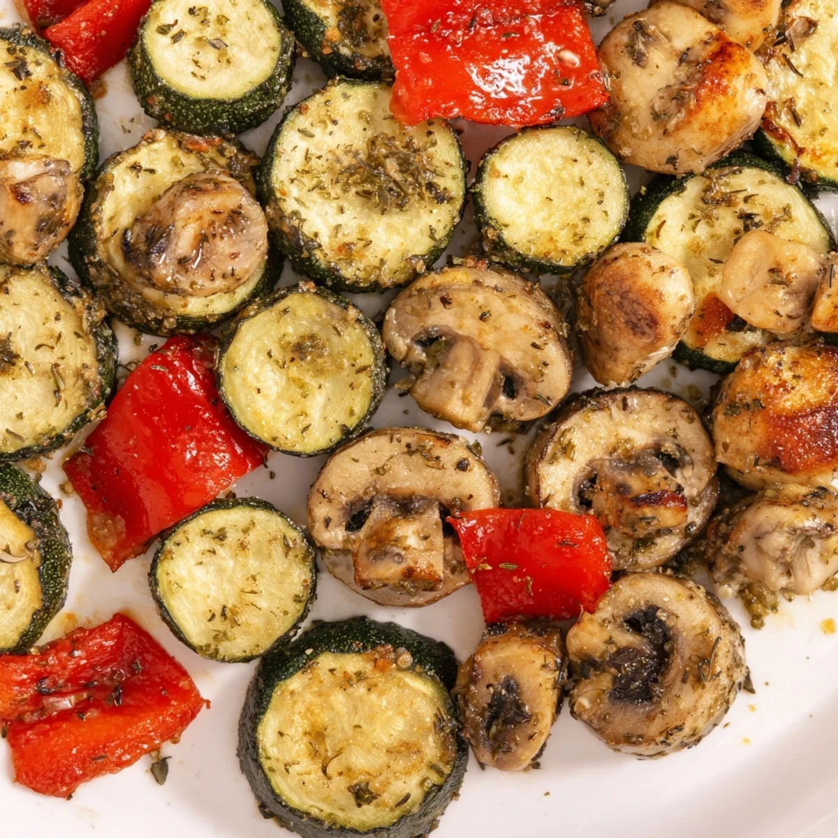 Colorful roasted vegetables with Italian seasoning, ideal tossed into pasta for a savory weeknight meal.