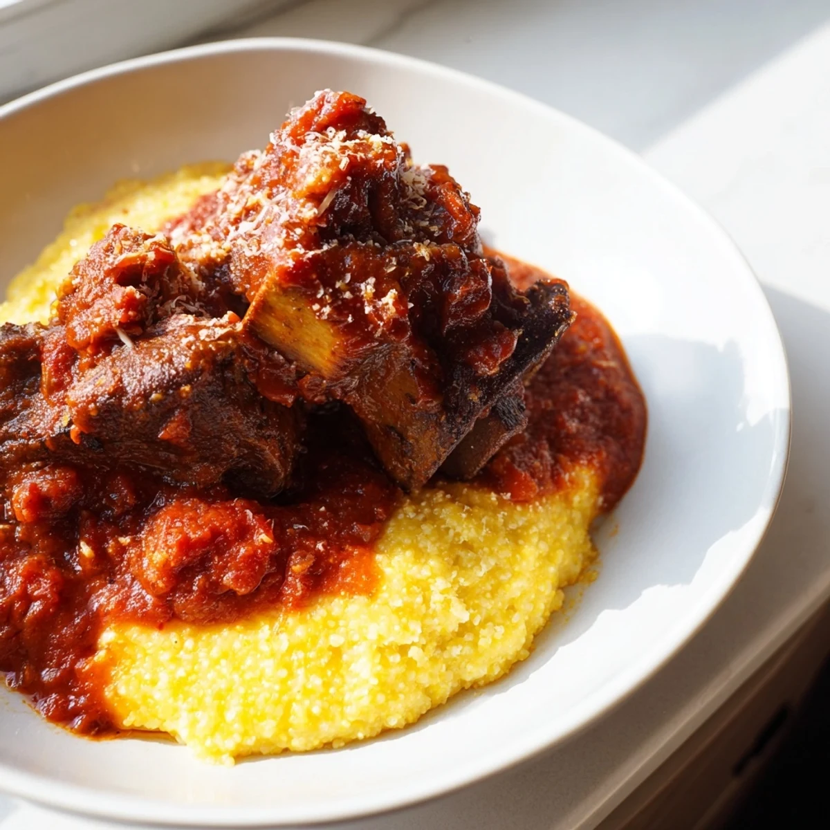 Fork-tender beef short ribs braise in red wine sauce over creamy, buttery polenta in this comforting Italian-inspired dish.