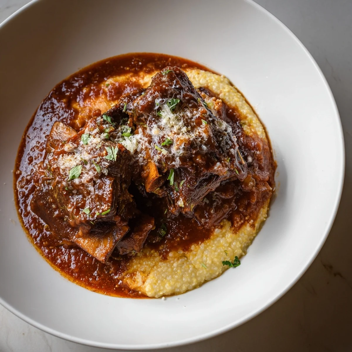 Savory braised short ribs with glossy sauce served atop rich Parmesan polenta for a hearty main course.