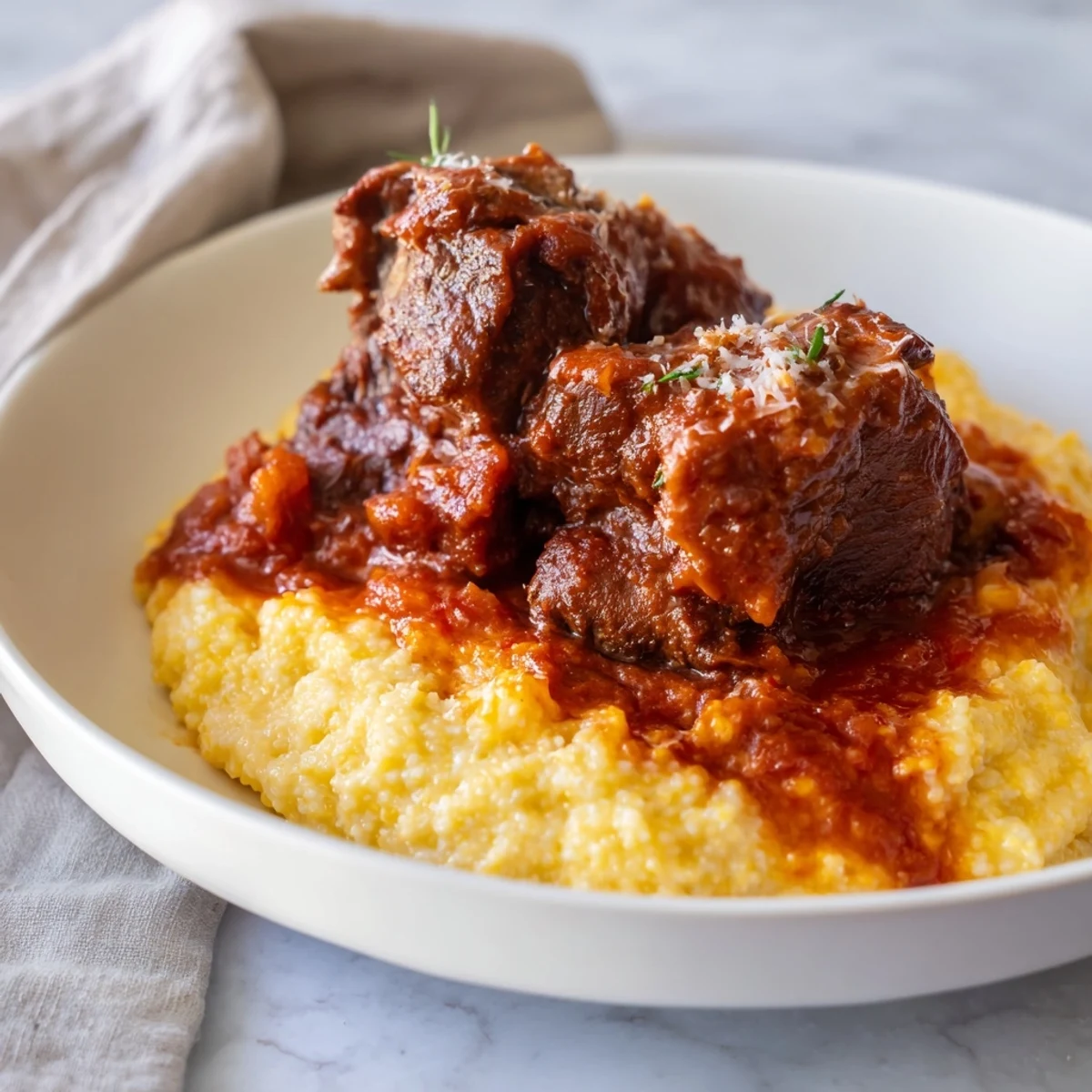 Polenta with braised beef short ribs topped with tender meat and herbs, ready to serve with red wine.