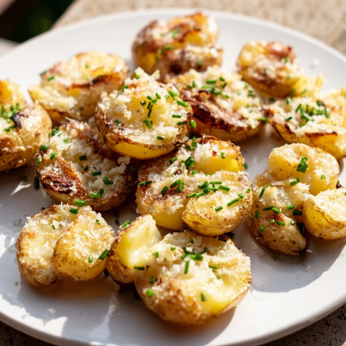 Garlic Parmesan Smashed Potatoes with Chives roasted golden brown on a baking sheet, topped with melted cheese and fresh herbs.  