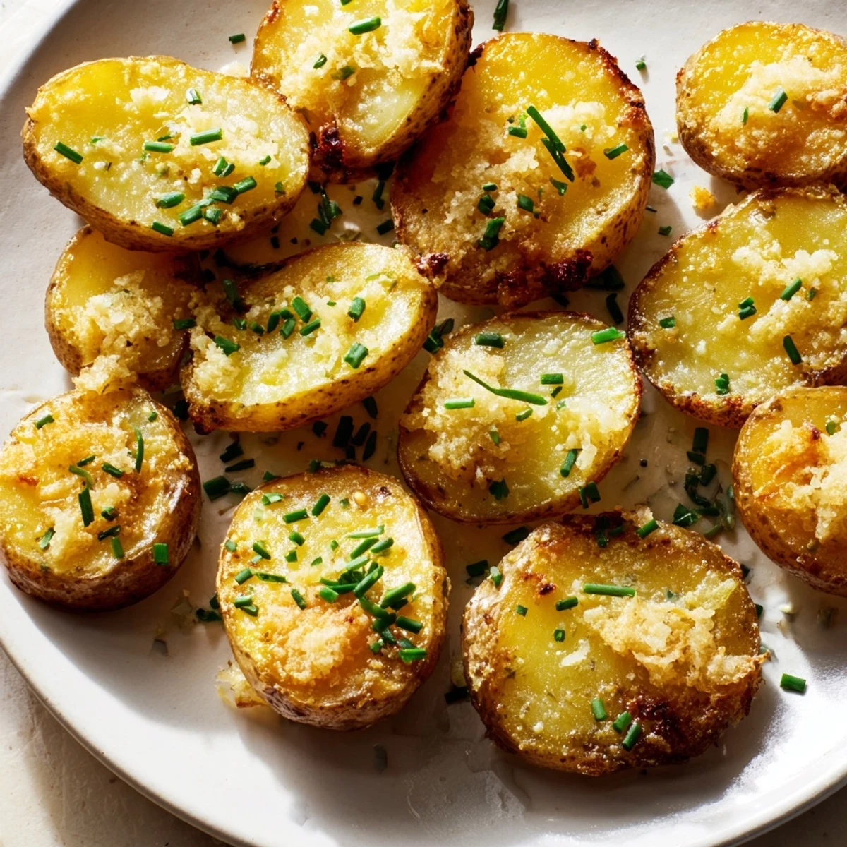Golden Garlic Parmesan Smashed Potatoes with Chives served hot as a side dish, garnished with fresh herbs.