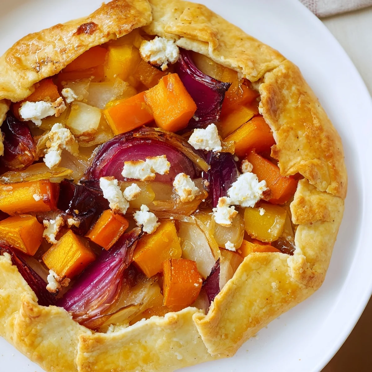 A rustic Roasted Butternut Squash and Apple Galette with a flaky, golden-brown crust and a colorful filling of caramelized vegetables.