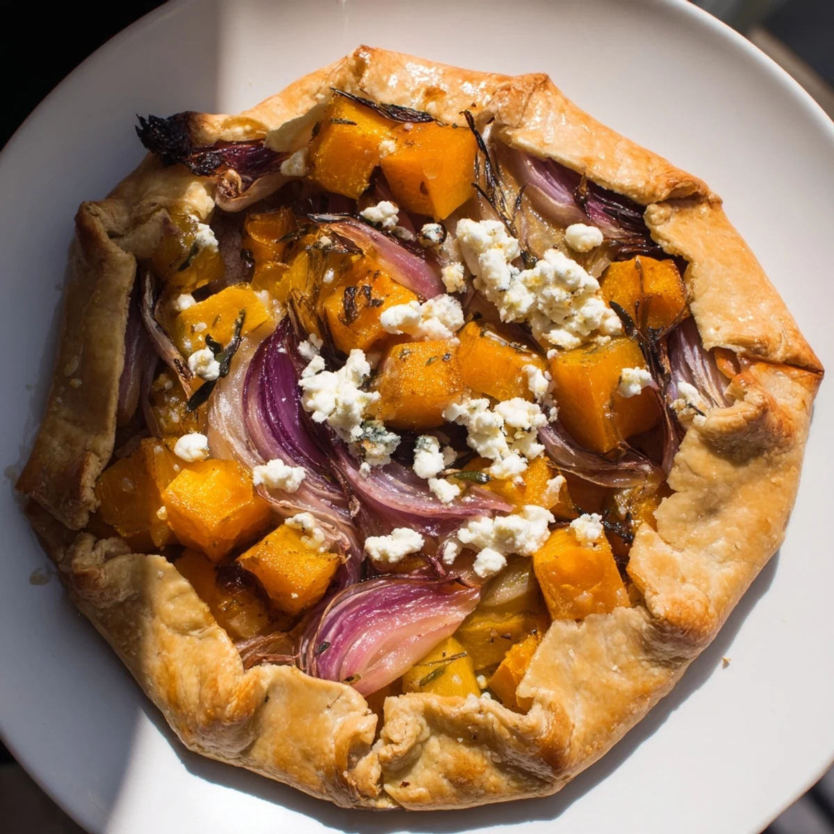 Freshly baked Roasted Butternut Squash and Apple Galette served warm, revealing tender squash and tart apple slices on a wooden table.