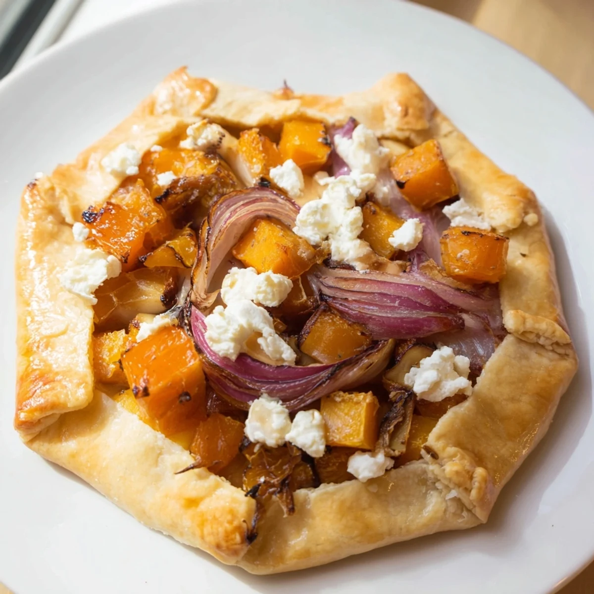 A close-up of the golden, buttery crust on a Roasted Butternut Squash and Apple Galette, topped with fresh thyme and goat cheese.