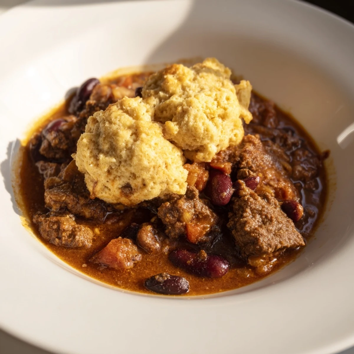 Steaming Beef Chili with Cornbread Dumplings served from a Dutch oven, with fresh cilantro garnish on the side.