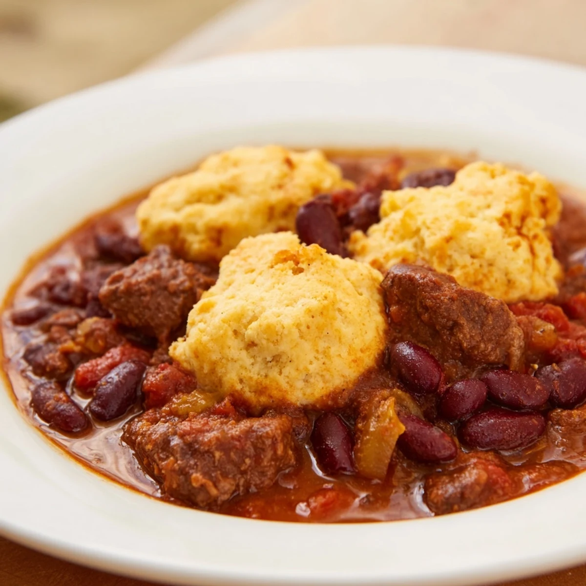 A hearty bowl of Beef Chili with Cornbread Dumplings, the tender beef and beans peeking through golden, fluffy dumpling tops.