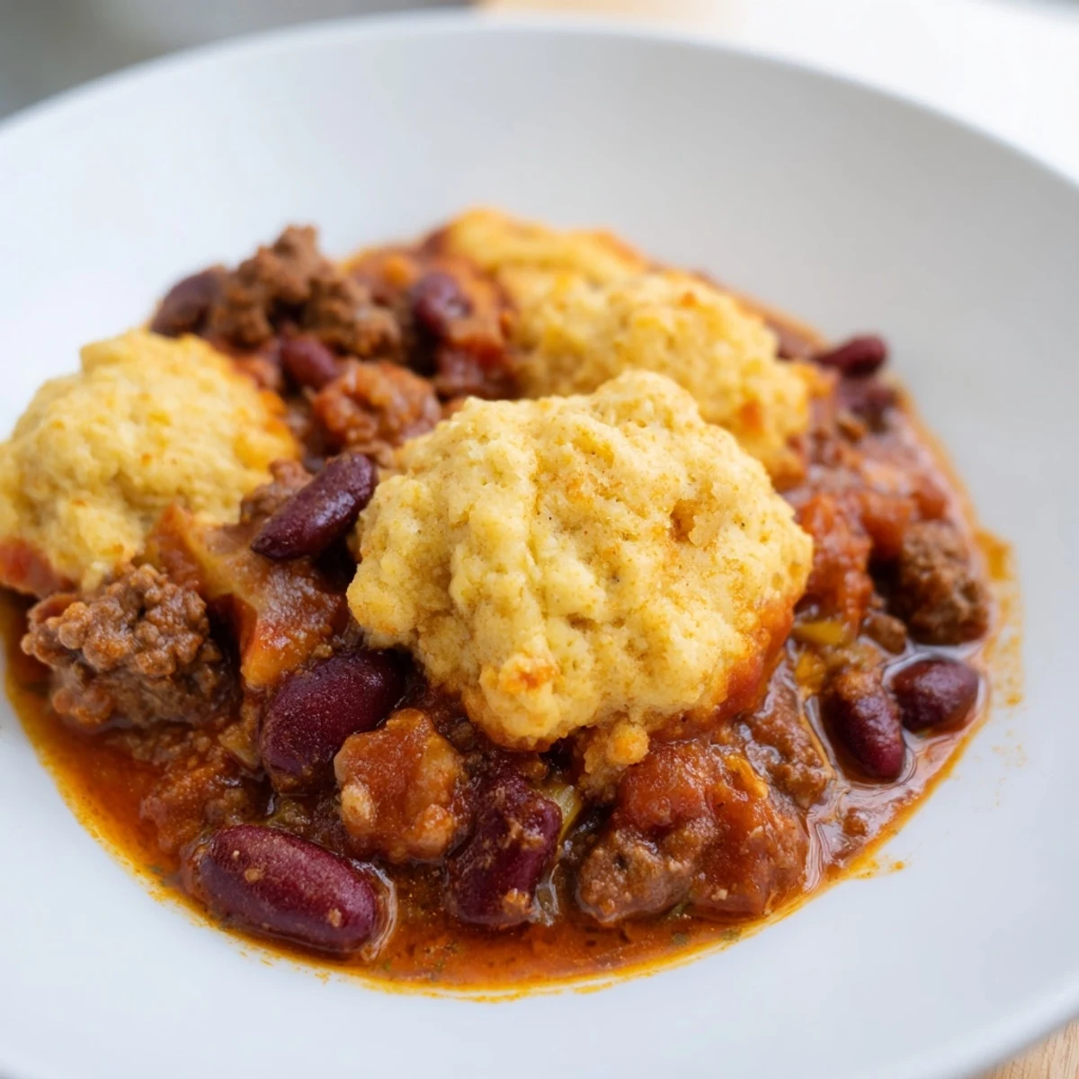 Close-up of Beef Chili with Cornbread Dumplings, featuring rich, spicy broth and a scoop of fluffy cornbread on top.