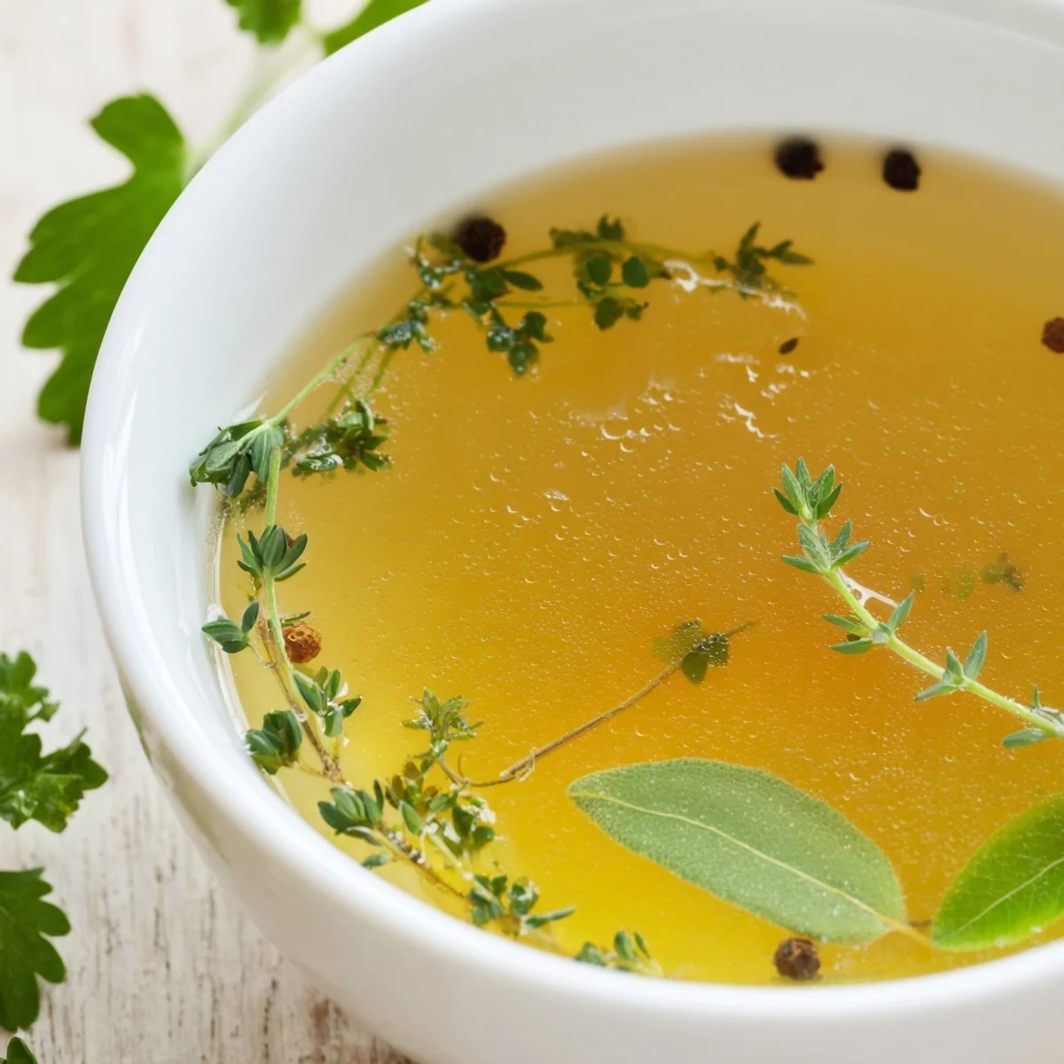 A clear glass bowl holds steaming homemade vegetable broth with fresh herbs, garnished with thyme and parsley leaves.  