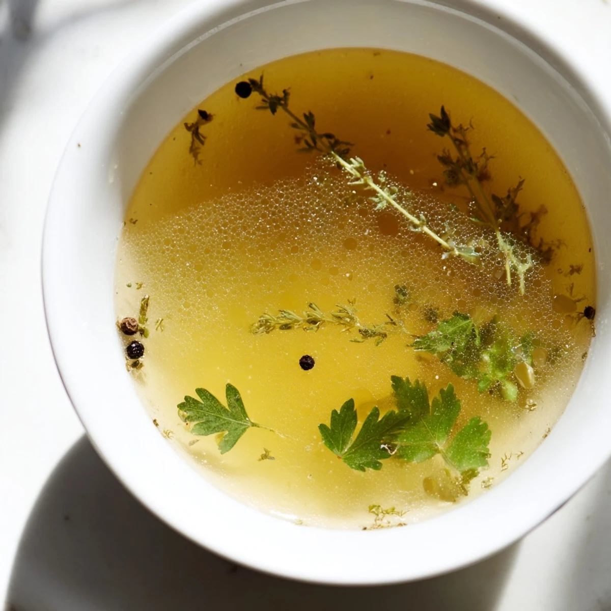 Homemade vegetable broth with fresh herbs simmers in a large stockpot, featuring vibrant carrots, celery, and bay leaves.  