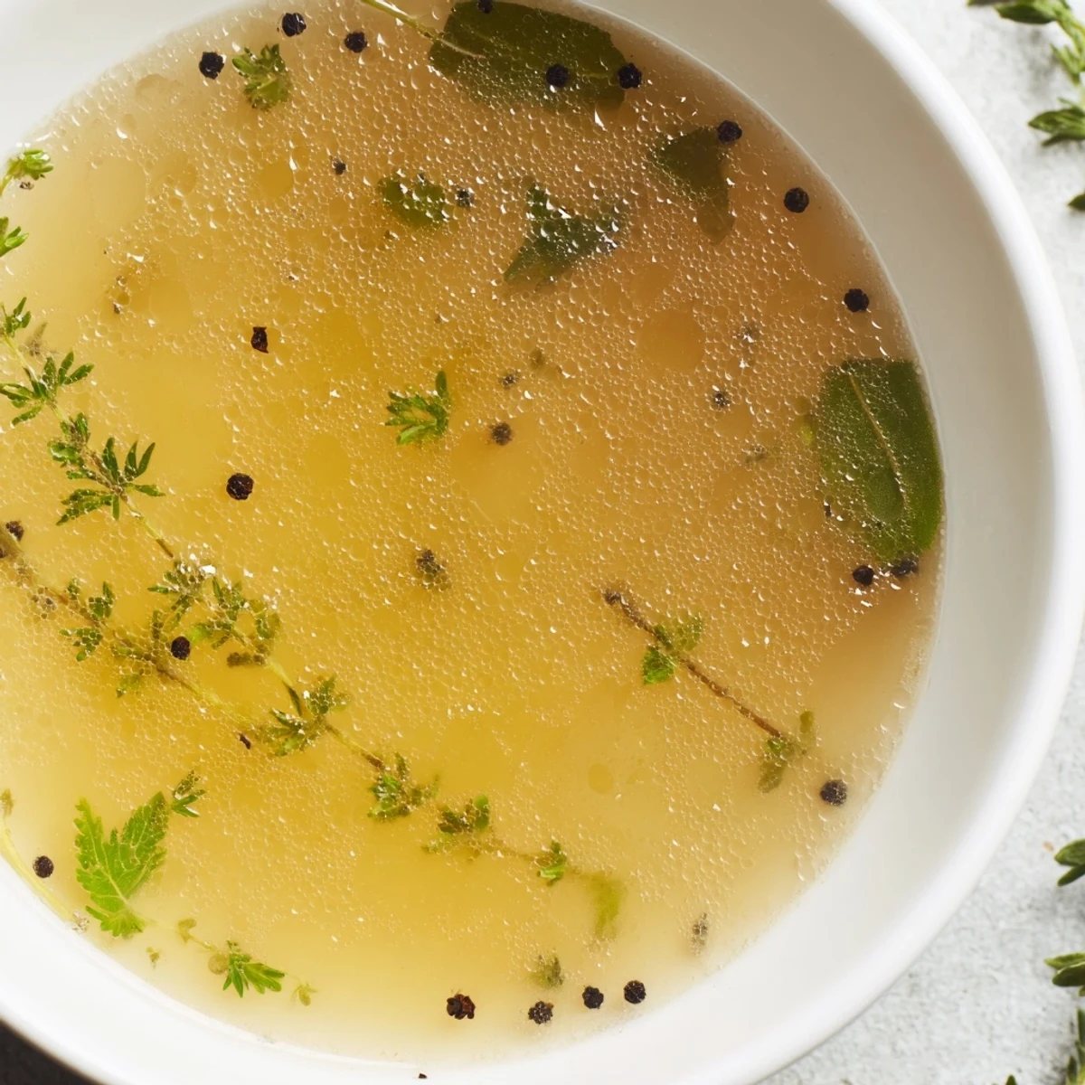 A strainer-filled bowl of golden homemade vegetable broth with fresh herbs sits beside carrots and thyme sprigs.