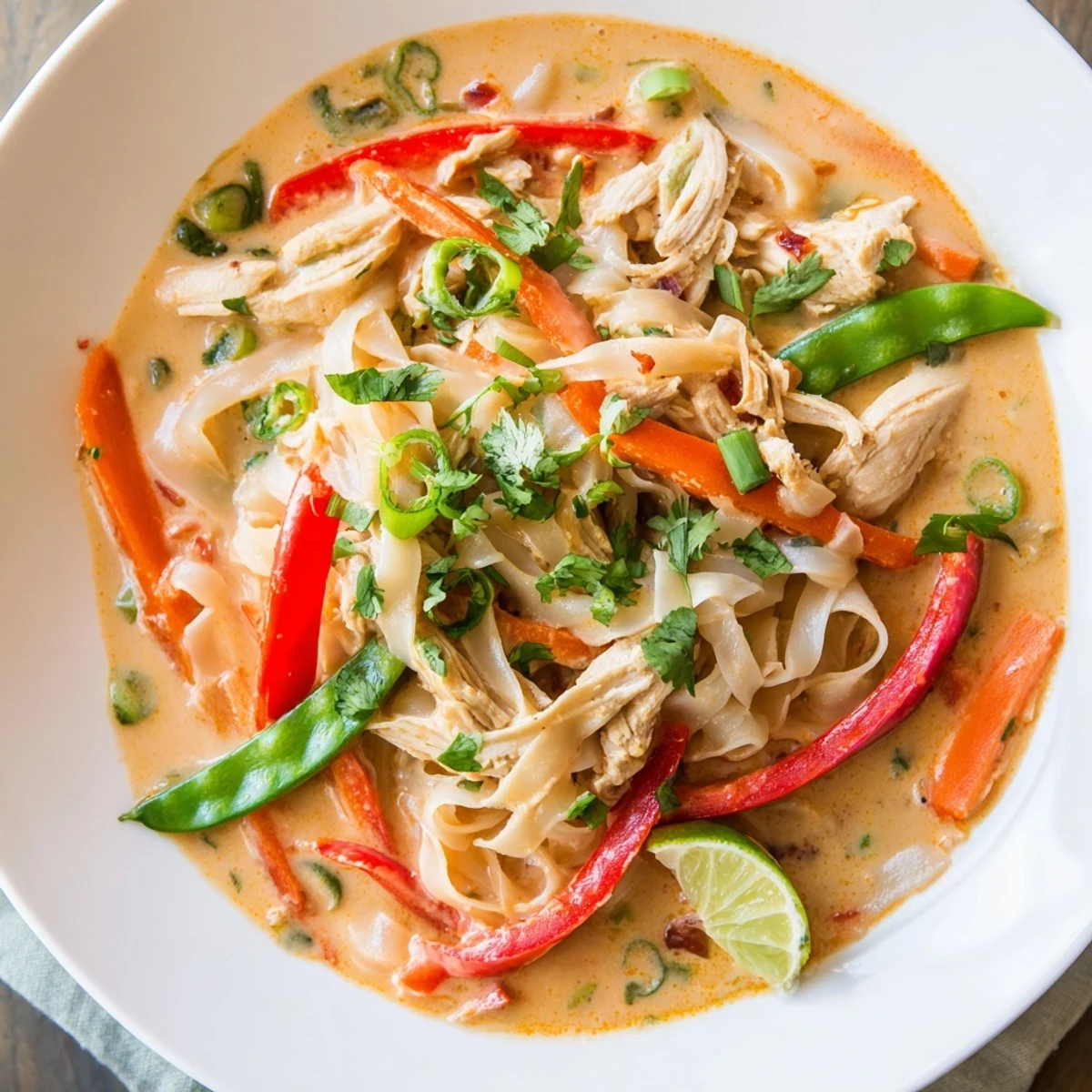 A vibrant bowl of Thai Red Curry Noodle Soup with chicken, snap peas, and bright red chili slices garnished with cilantro.