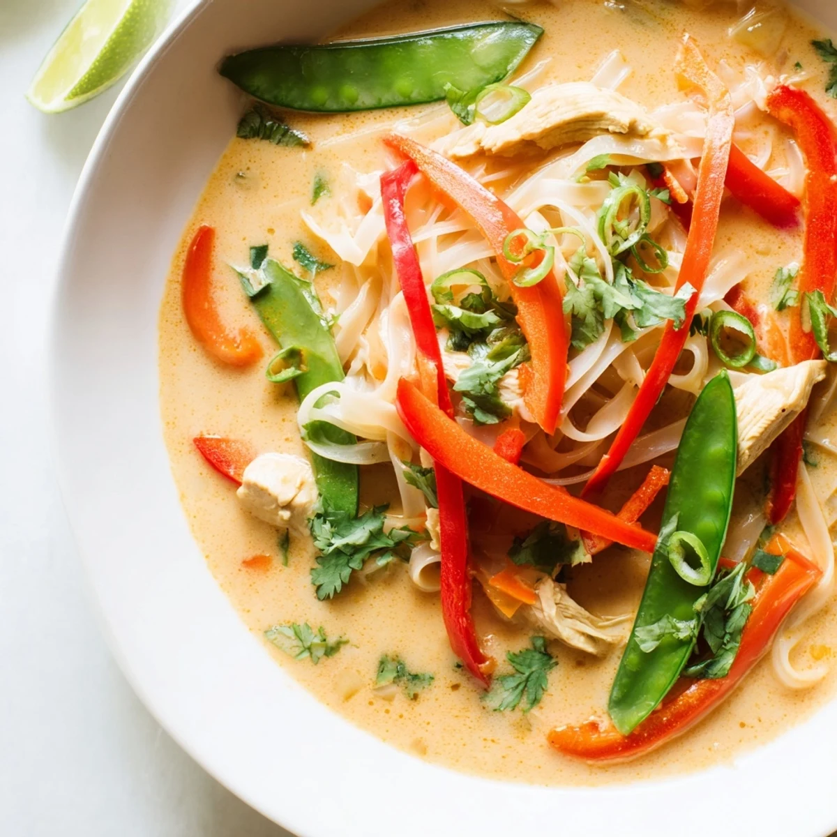 Creamy Thai Red Curry Noodle Soup featuring tender chicken and julienned carrots, served in a steaming ceramic bowl.